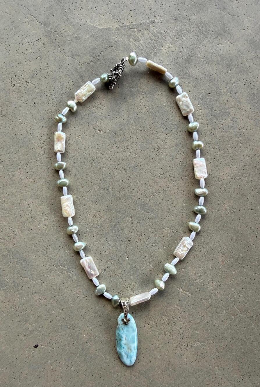 Vintage Larimar Pearl Necklace, Artisan Silvertone Pendant, Coastal Jewelry